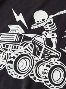 Boys Skeleton and Car Print Tee & Shorts PJ Set - Black and White - View 4