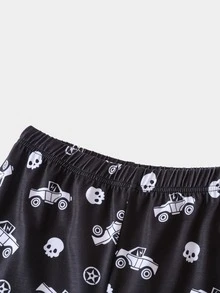 Boys Skeleton and Car Print Tee & Shorts PJ Set - Black and White - View 5