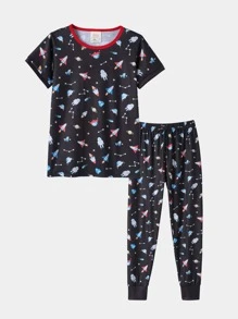 Boys Galaxy Print Tee & Joggers PJ Set - Black - View 1