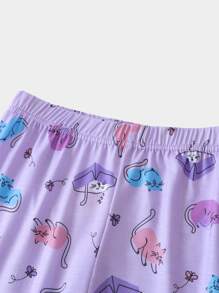 Girls Cartoon Graphic Tee & Trousers PJ Set - Purple - View 5