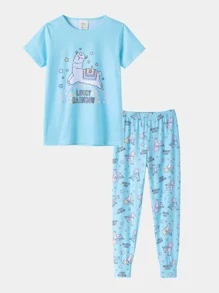 Girls Cartoon & Letter Graphic Tee & Trousers PJ Set - Baby Blue - View 1