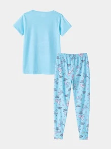 Girls Cartoon & Letter Graphic Tee & Trousers PJ Set - Baby Blue - View 2