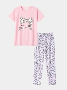 Girls Cartoon Graphic Tee & Leopard Print Trousers PJ Set - Multicolor - View 1