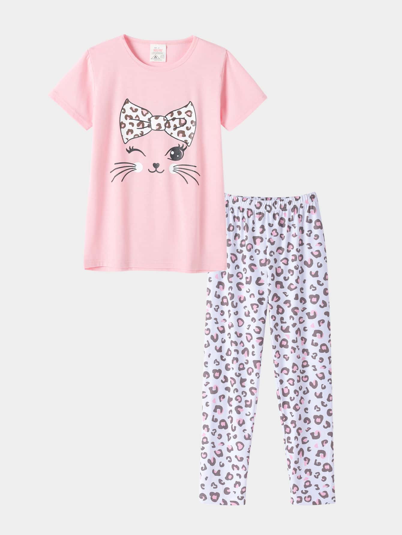 Girls Cartoon Graphic Tee & Leopard Print Trousers PJ Set - Multicolor - View 1