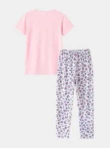 Girls Cartoon Graphic Tee & Leopard Print Trousers PJ Set - Multicolor - View 2