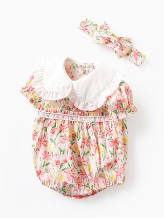 嬰兒女夏季新款花卉印花公主超可愛對比荷葉邊彼得潘領連體衣