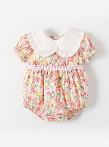 嬰兒女夏季新款花卉印花公主超可愛對比荷葉邊彼得潘領連體衣 - 彩色 - 查看 3