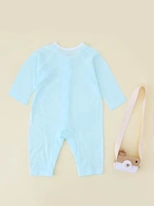 嬰兒小帆船圖案連身褲帶鈕扣爬行衣服彈簧和夏天 - 淺藍色 - 查看 2