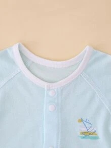 嬰兒小帆船圖案連身褲帶鈕扣爬行衣服彈簧和夏天 - 淺藍色 - 查看 5