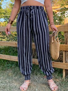 SHEIN LUNE Plus Striped Tie Front Trousers - Black - View 1