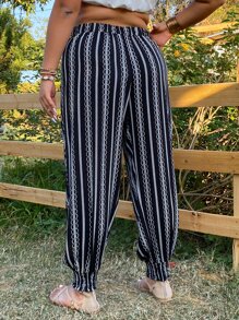 SHEIN LUNE Plus Striped Tie Front Trousers - Black - View 2