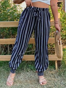 SHEIN LUNE Plus Striped Tie Front Trousers - Black - View 3