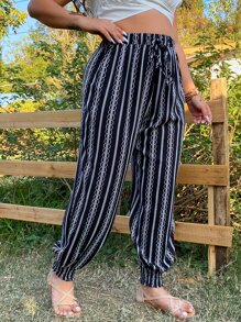 SHEIN LUNE Plus Striped Tie Front Trousers - Black - View 4