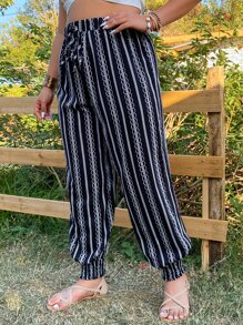 SHEIN LUNE Plus Striped Tie Front Trousers - Black - View 5
