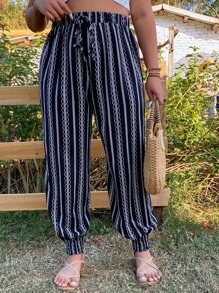 SHEIN LUNE Plus Striped Tie Front Trousers - Black - View 6