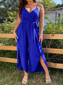 SHEIN Clasi Plus Split Thigh Belted Cami Jumpsuit - Royal Blue - View 1