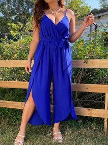 SHEIN Clasi Plus Split Thigh Belted Cami Jumpsuit - Royal Blue - View 4