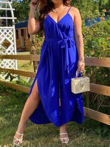 SHEIN Clasi Plus Split Thigh Belted Cami Jumpsuit - Royal Blue - View 6