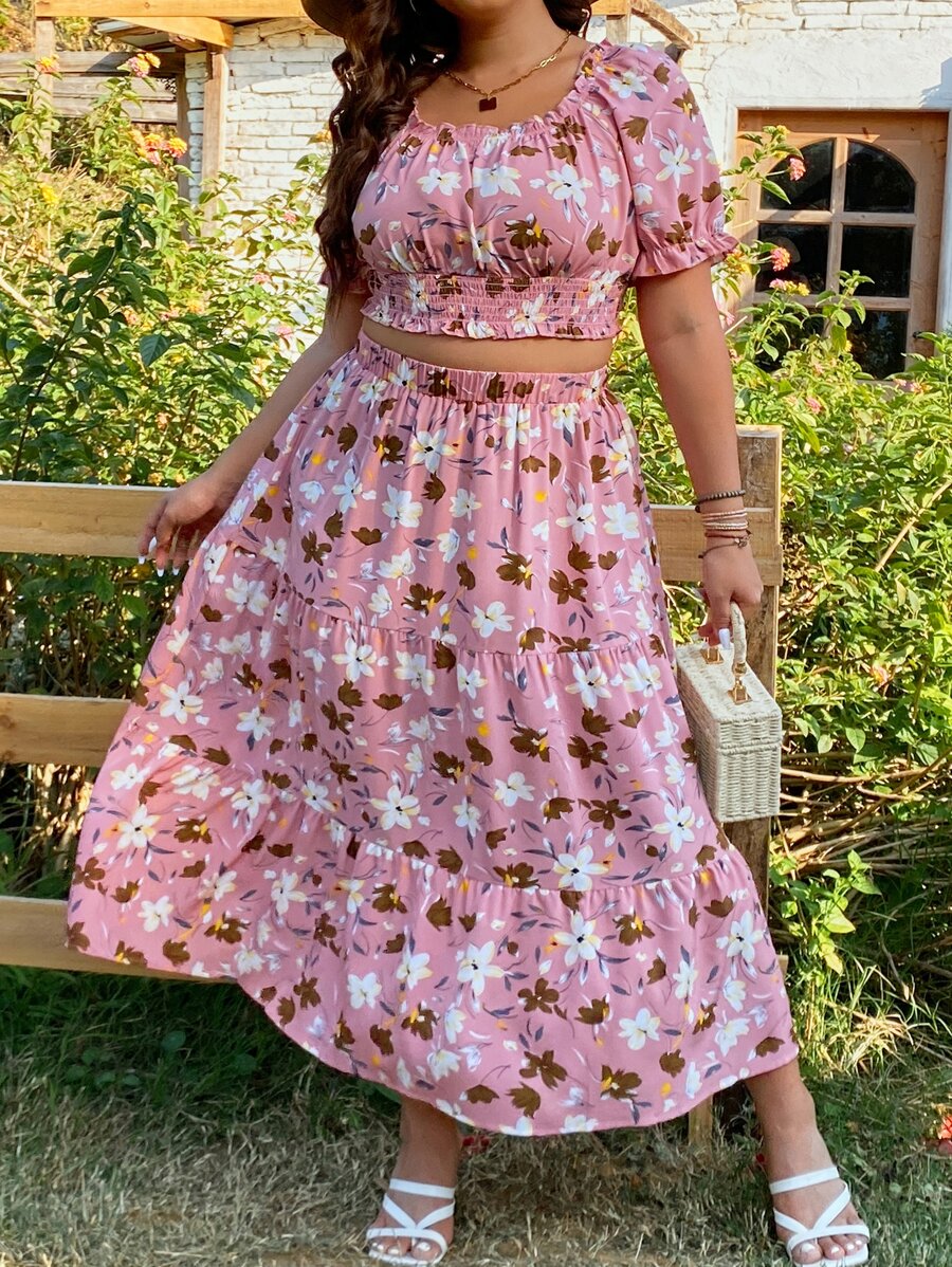 SHEIN Holidaya Top crop con estampado floral pecho con fruncido & Falda - Multicolor - Ver 1