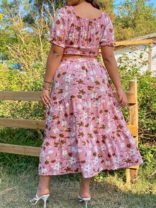 SHEIN Holidaya Top crop con estampado floral pecho con fruncido & Falda - Multicolor - Ver 2