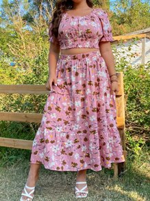 SHEIN Holidaya Top crop con estampado floral pecho con fruncido & Falda - Multicolor - Ver 3