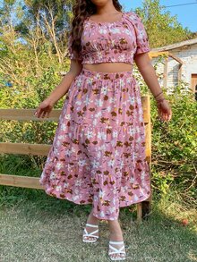 SHEIN Holidaya Top crop con estampado floral pecho con fruncido & Falda - Multicolor - Ver 4