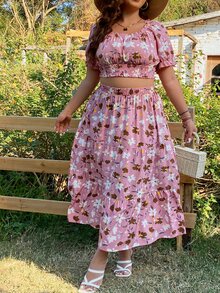 SHEIN Holidaya Top crop con estampado floral pecho con fruncido & Falda - Multicolor - Ver 5