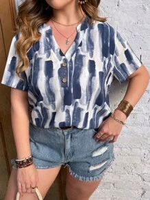 SHEIN LUNE Plus Tie Dye Popover Blouse - White - View 1