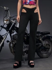 SHEIN ICON Bikercore Low Rise Cut Out Waist Flare Leg Trousers - Black - View 3