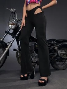 SHEIN ICON Bikercore Low Rise Cut Out Waist Flare Leg Trousers - Black - View 4