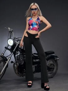 SHEIN ICON Bikercore Low Rise Cut Out Waist Flare Leg Trousers - Black - View 5