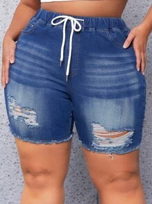 SHEIN SXY 大碼腰部抽繩破洞毛邊牛仔短褲 - 中等水洗藍 - 查看 3