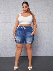 SHEIN SXY 大碼腰部抽繩破洞毛邊牛仔短褲 - 中等水洗藍 - 查看 5
