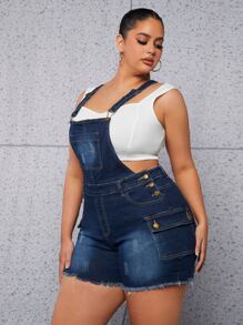 SHEIN SXY Quần áo denim có kích thước lớn Nút Túi Hem thô màu trơn Giải trí - Rửa tối - Xem 3