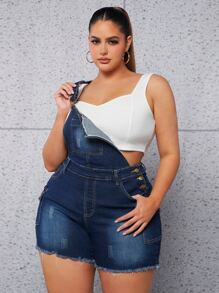 SHEIN SXY Quần áo denim có kích thước lớn Nút Túi Hem thô màu trơn Giải trí - Rửa tối - Xem 1