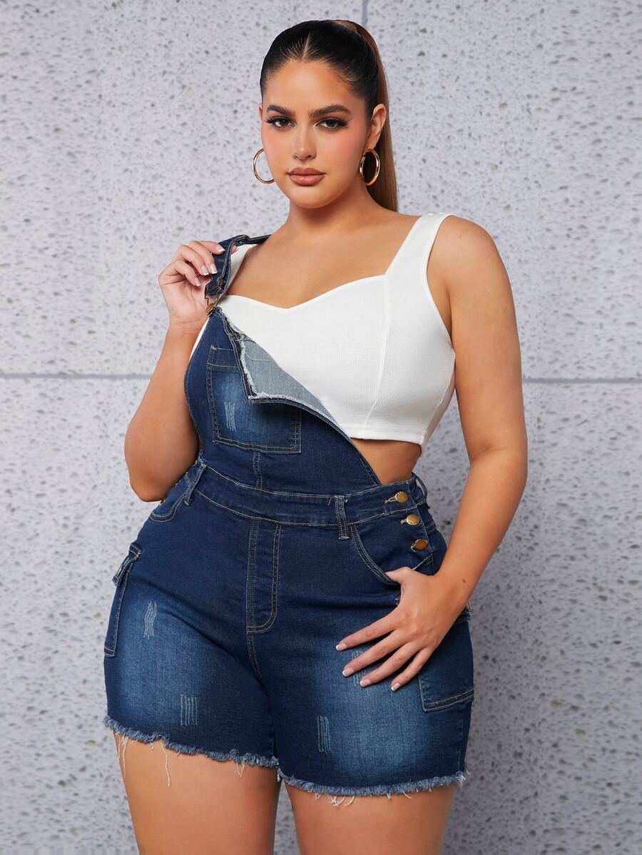 SHEIN SXY Quần áo denim có kích thước lớn Nút Túi Hem thô màu trơn Giải trí - Rửa tối - Xem 1