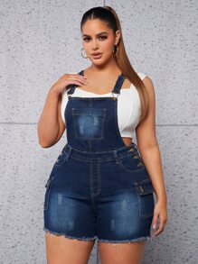 SHEIN SXY Quần áo denim có kích thước lớn Nút Túi Hem thô màu trơn Giải trí - Rửa tối - Xem 5