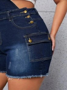SHEIN SXY Quần áo denim có kích thước lớn Nút Túi Hem thô màu trơn Giải trí - Rửa tối - Xem 6