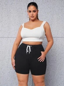 SHEIN SXY Quần short denim oversized Dây kéo Túi Bị tách màu trơn - màu đen - Xem 3