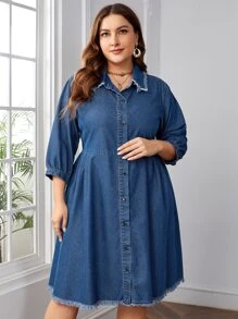 SHEIN Frenchy Plus Lantern Sleeve Raw Cut Denim Dress - Medium Wash - View 3