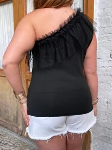 Celure Top de un hombro de malla en contraste ribete con fruncido - Negro - Ver 2
