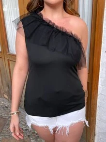 Celure Top de un hombro de malla en contraste ribete con fruncido - Negro - Ver 3
