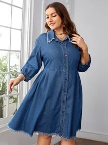 SHEIN Frenchy Plus Lantern Sleeve Raw Cut Denim Dress - Medium Wash - View 4
