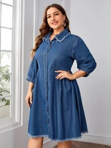 SHEIN Frenchy Plus Lantern Sleeve Raw Cut Denim Dress - Medium Wash - View 5