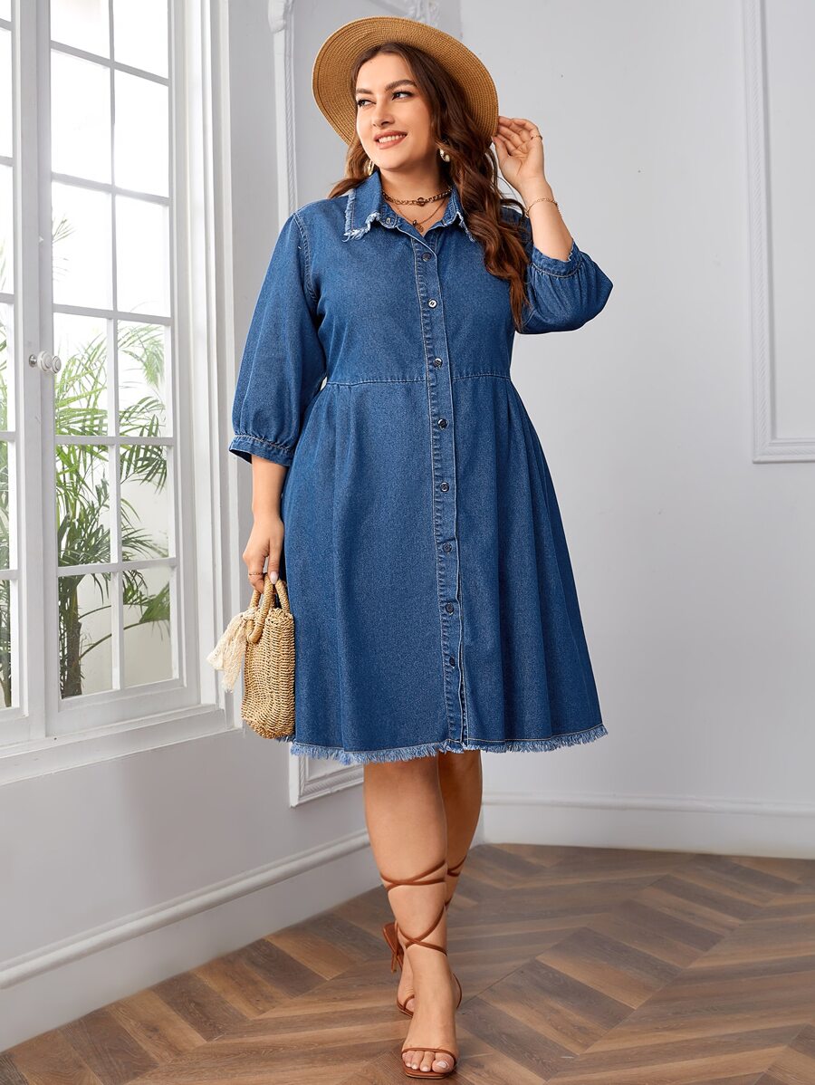 SHEIN Frenchy Plus Lantern Sleeve Raw Cut Denim Dress - Medium Wash - View 1