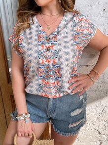 SHEIN LUNE Plus Floral Print Batwing Sleeve Blouse - Multicolor - View 1