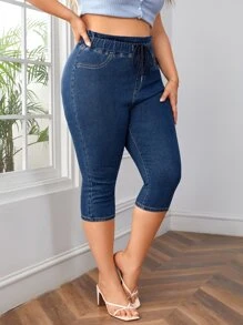 EMERY ROSE Quần Denim kích thước lớn Dây kéo Túi màu trơn - Rửa trung bình - Xem 3