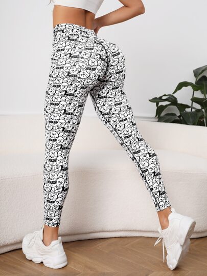 Easithlete 滿版卡通圖案瑜伽打底褲高彈力收復訓練緊身褲帶寬腰帶