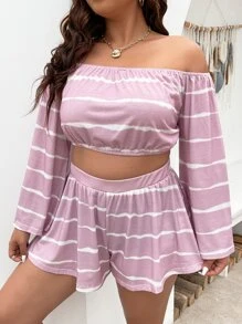 SHEIN LUNE Plus Tie Dye Off Shoulder Tee & Shorts - Lilac Purple - View 1
