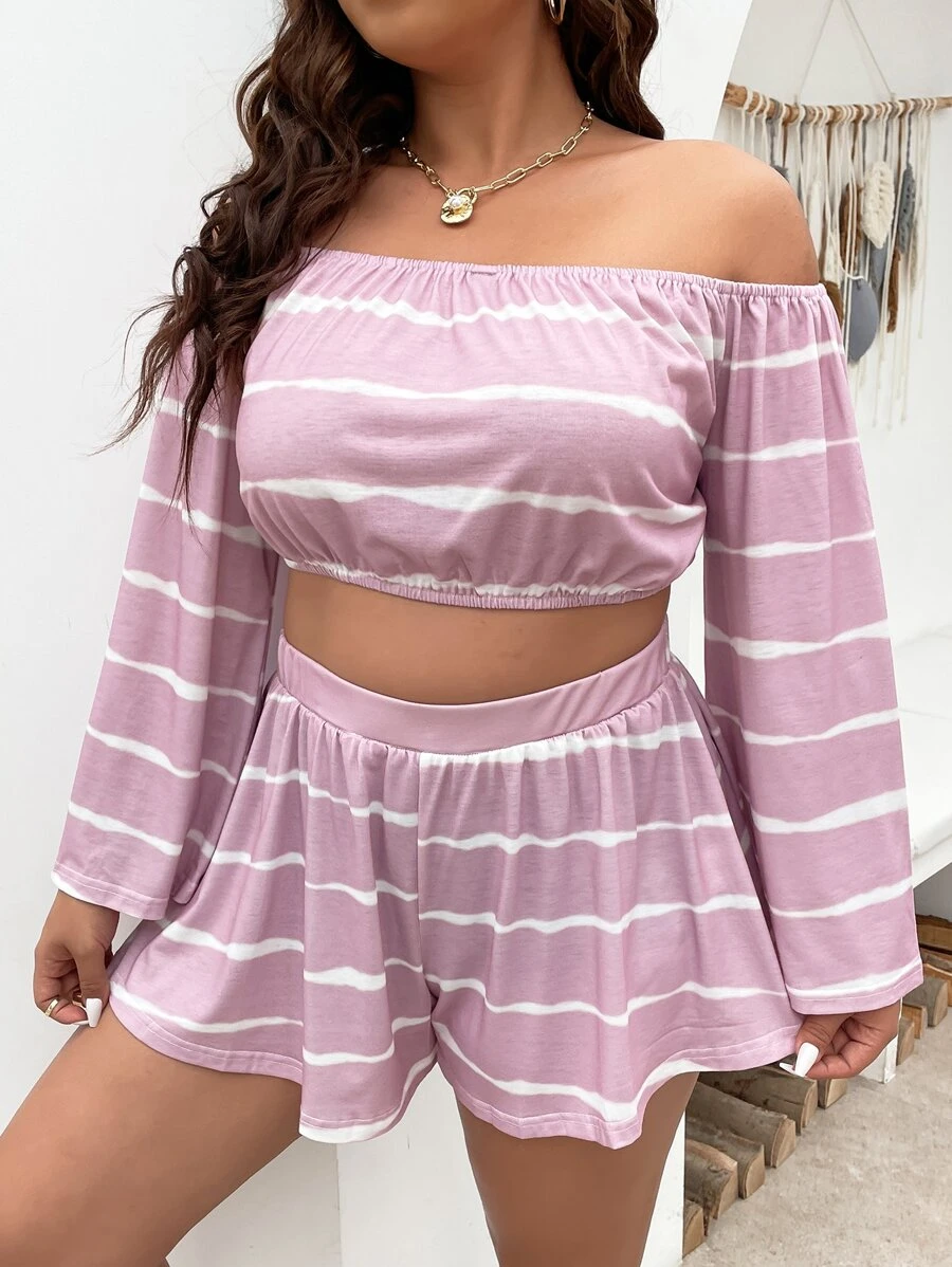 SHEIN LUNE Plus Tie Dye Off Shoulder Tee & Shorts - Lilac Purple - View 1